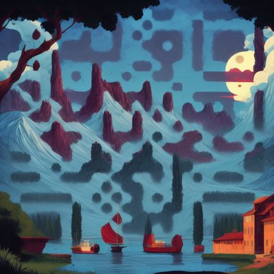 Moonlit Lake Boats Mountain Illustration QR Code Art