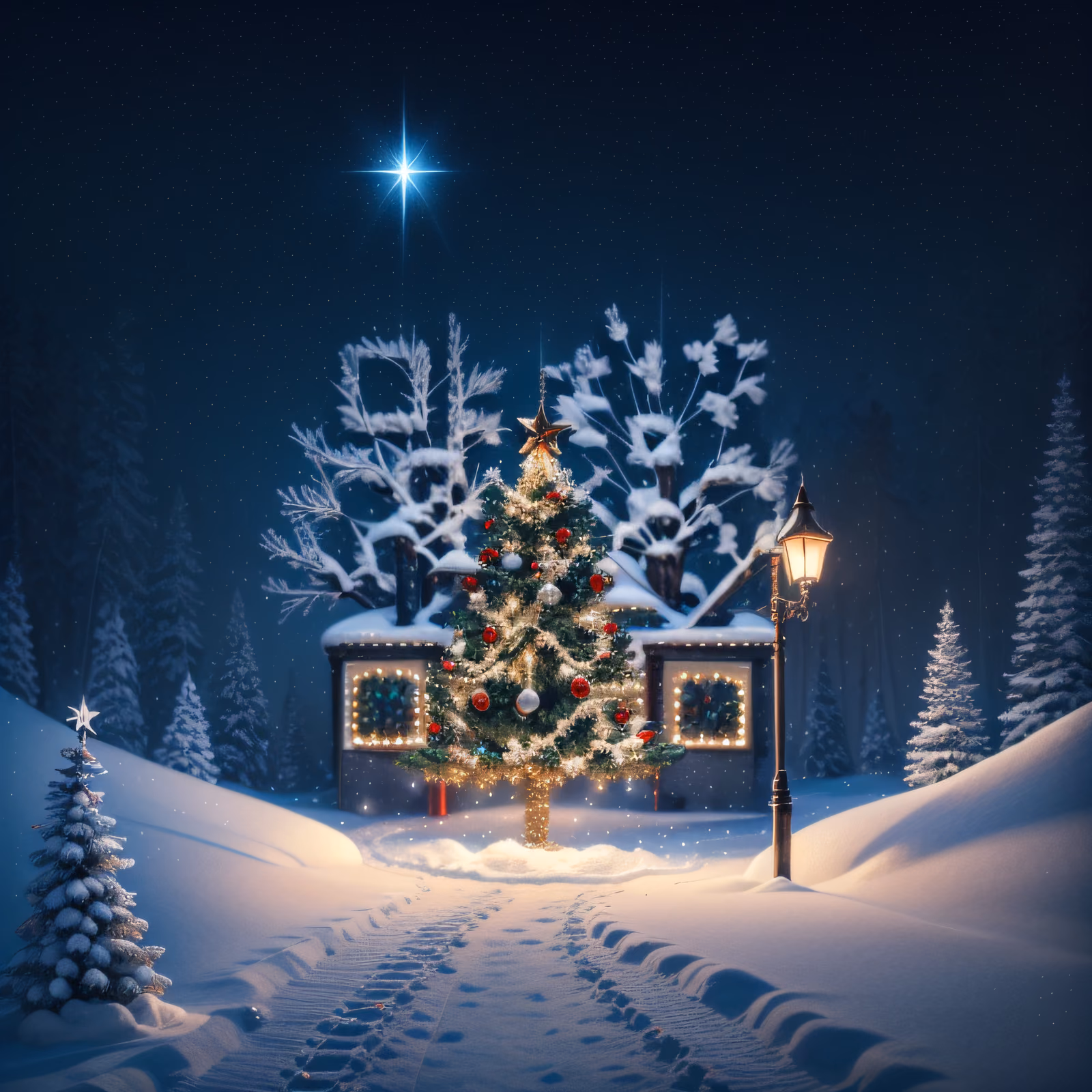 Snowy Christmas Tree Night Scene QR Code for Greeting Cards — image 1