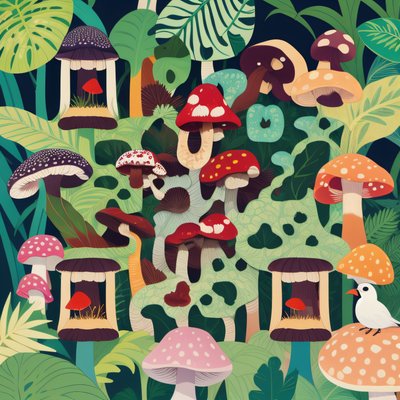 Jungle Mushrooms and Bird Vector QR Code Art