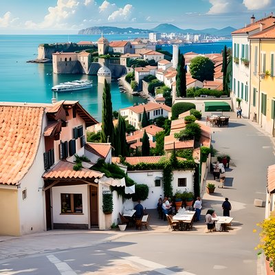 Italian Seaside Village Digital Painting QR Code for Posters