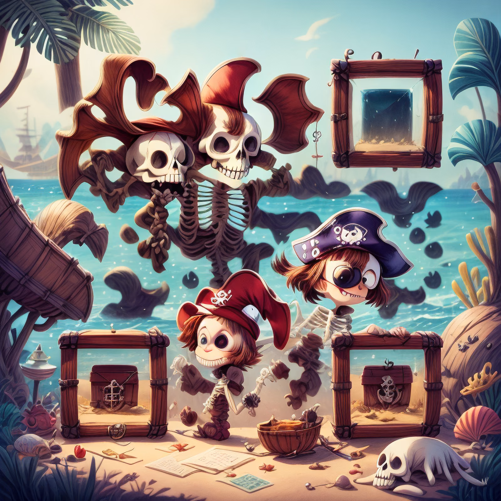 Пираты-скелеты на пляже: мультяшное QR-код искусство — изображение 1