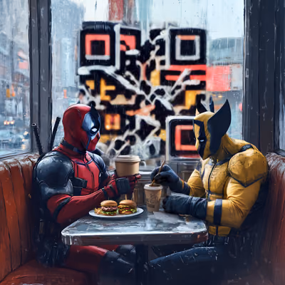 Rainy Diner Superheroes Digital Painting QR Code for Posters — image 1