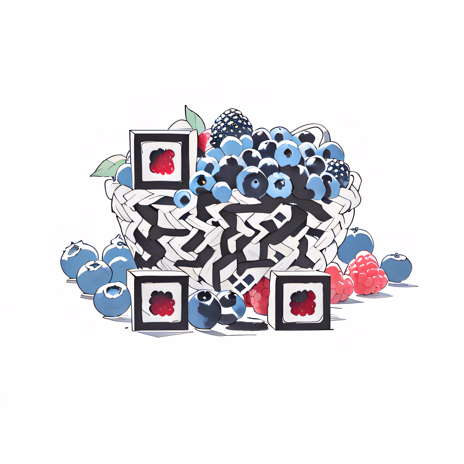 Корзина смешанных ягод в технике туши: QR-код для упаковки — изображение 1