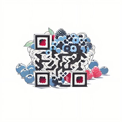 Корзина смешанных ягод в технике туши: QR-код для упаковки