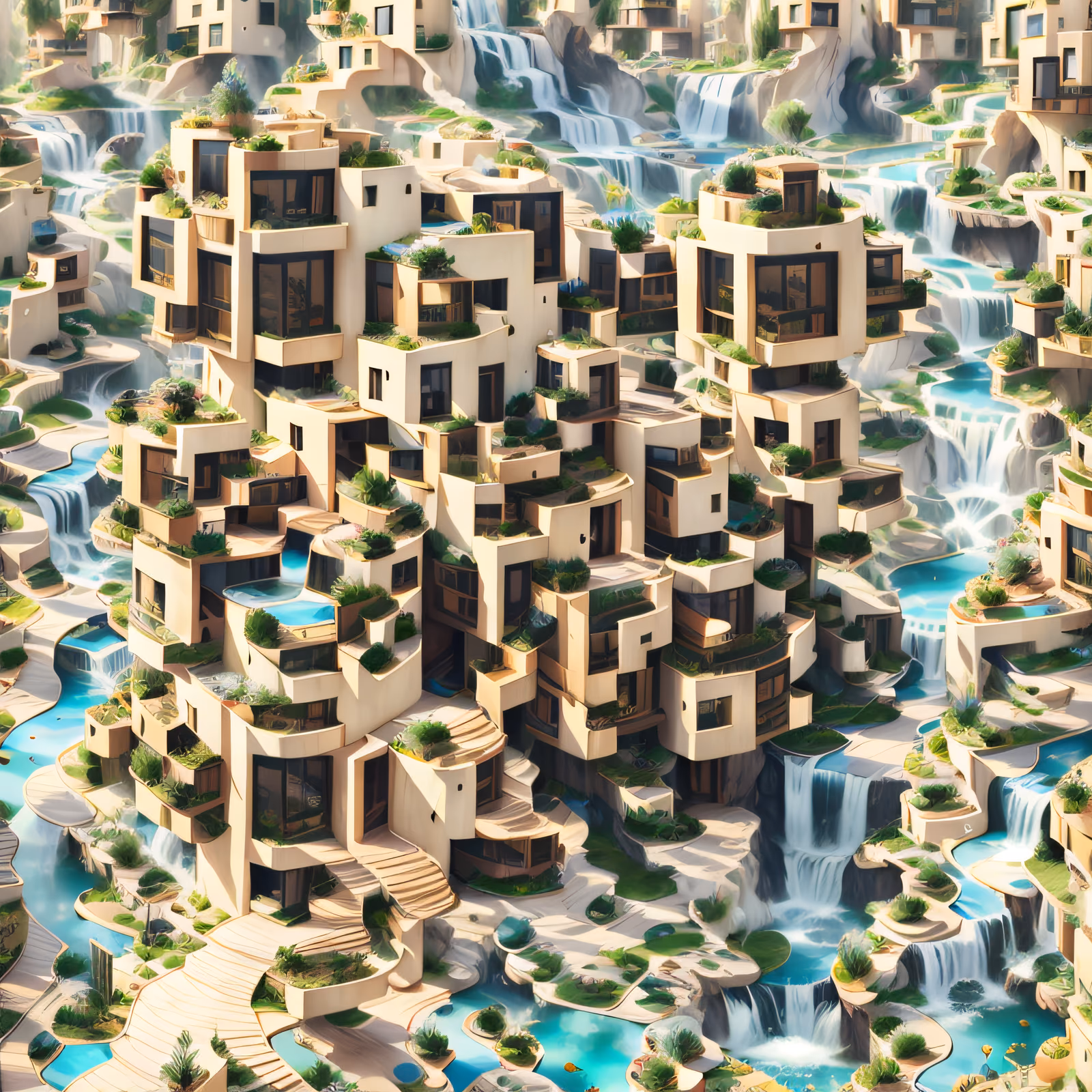 Terraced Waterfall City 3D Garden QR Code Art — image 1