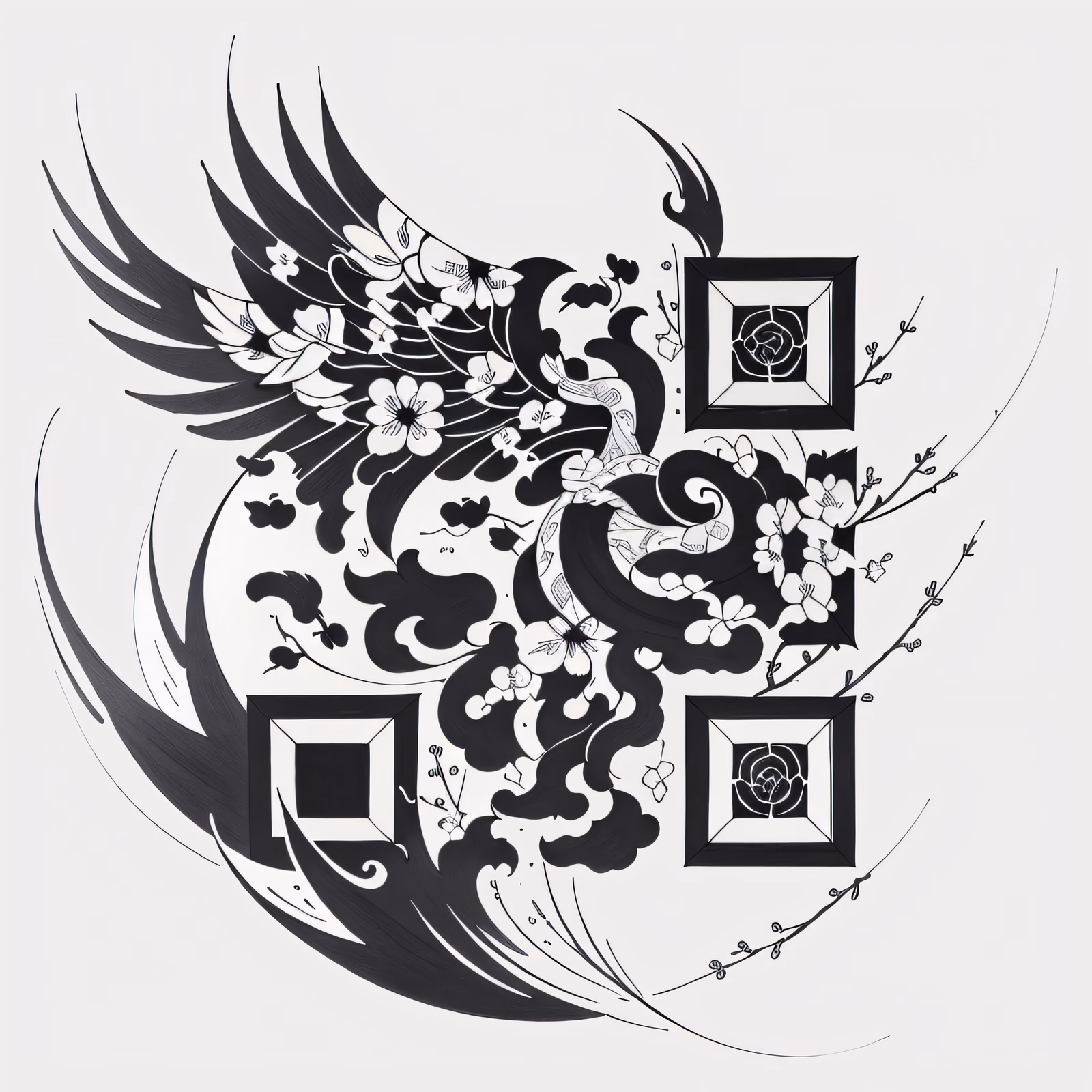 Крылья и сакура в стиле татуировки тушью: QR-код для временных тату — изображение 1