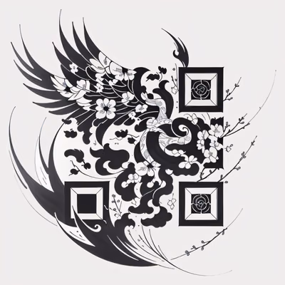 Крылья и сакура в стиле татуировки тушью: QR-код для временных тату — изображение 1