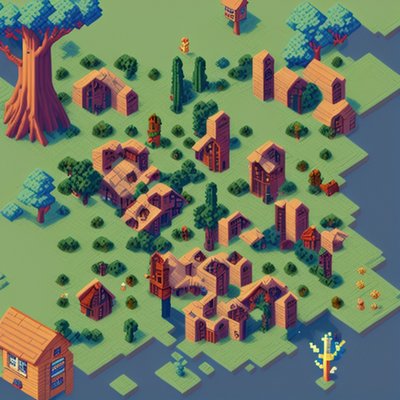 Isometric Pixel Village Map QR Code Poster