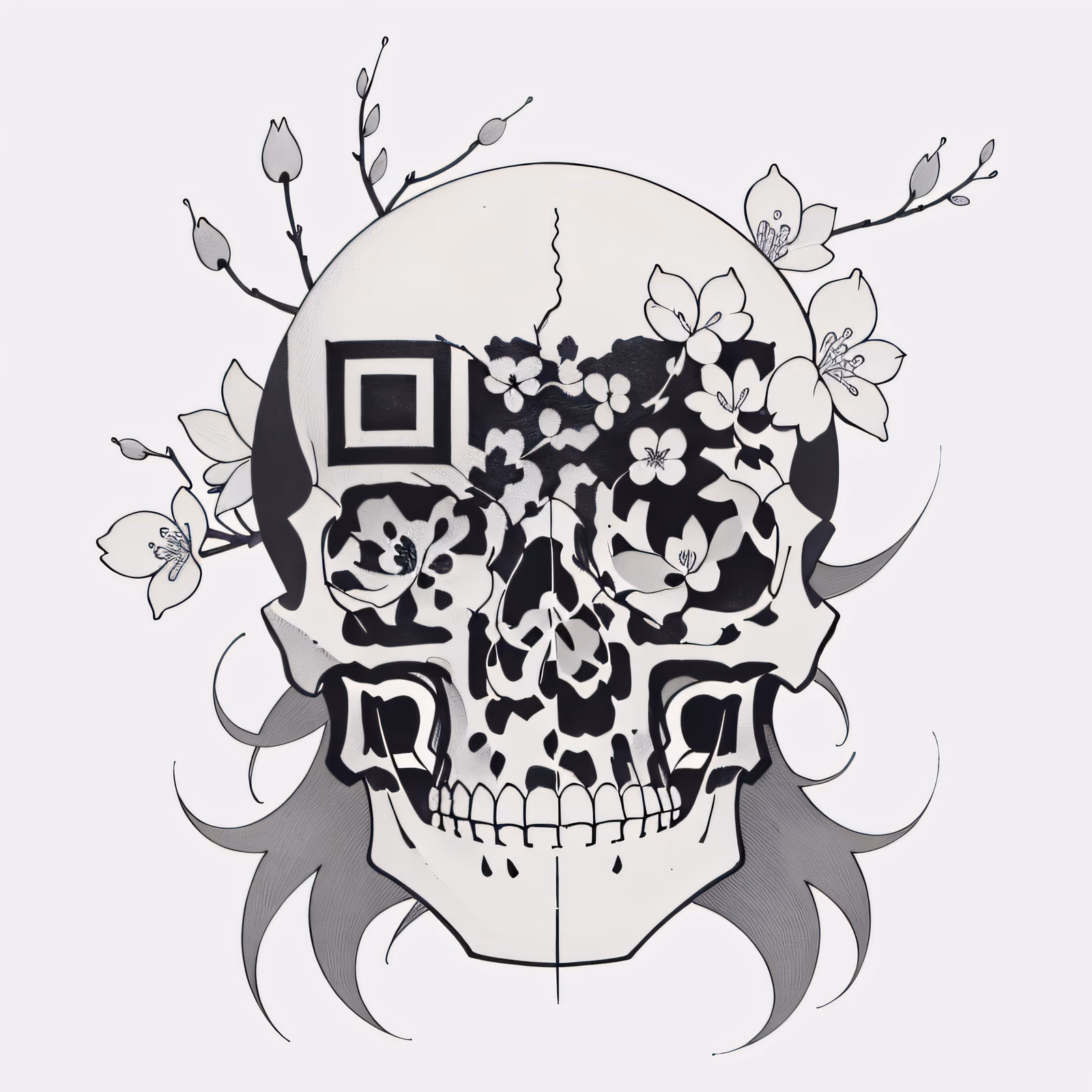 Череп с цветущей вишней: QR-код для временных тату — изображение 1
