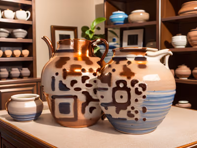Copper Glazed Pottery Jugs Photoreal QR Code Art — image 1