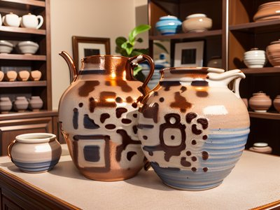 Copper Glazed Pottery Jugs Photoreal QR Code Art