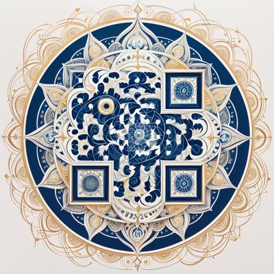 Navy and Gold Filigree Mandala QR Code Art