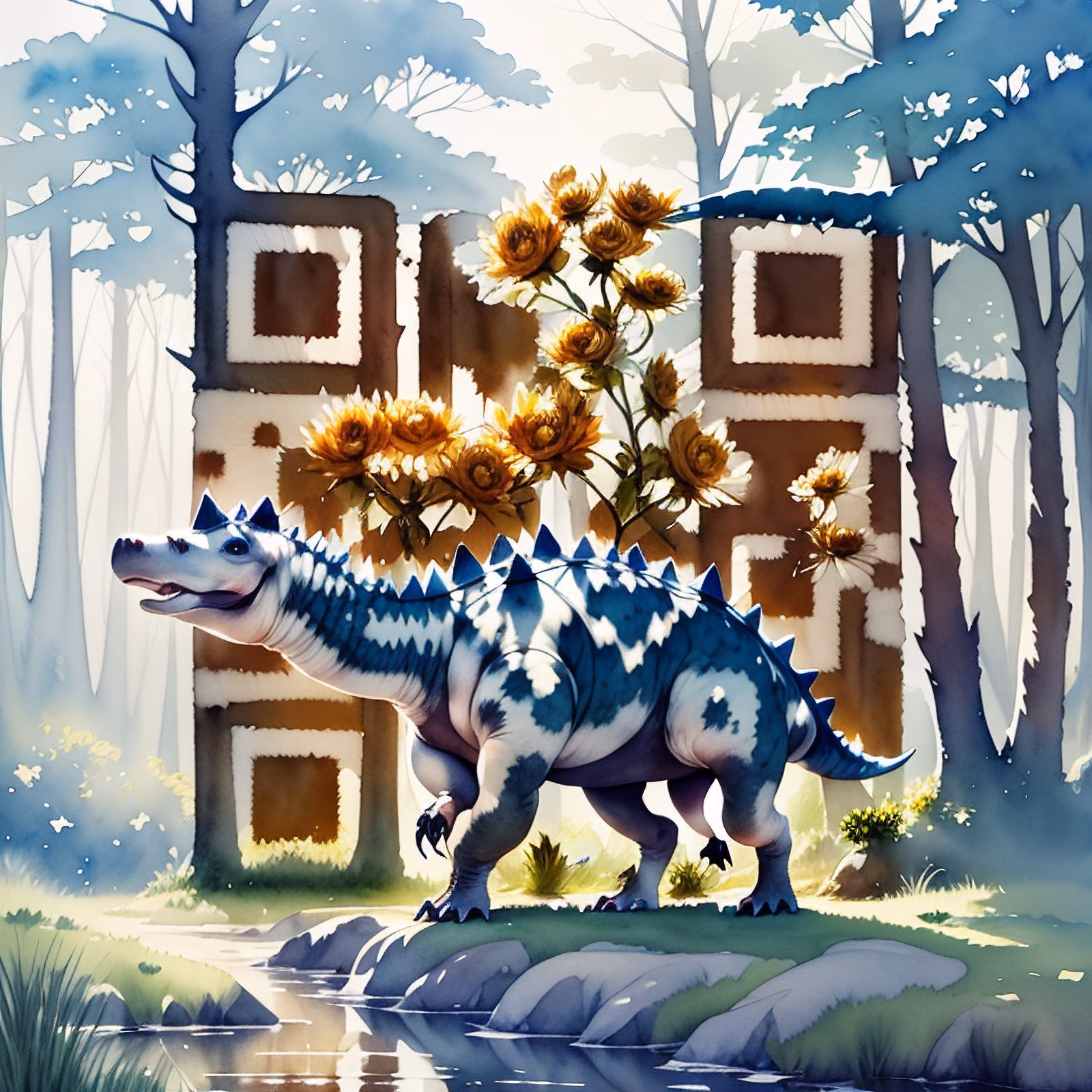 Stegosaurus Riverbank Watercolor QR Code Art — image 1