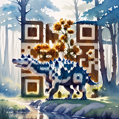 Stegosaurus Riverbank Watercolor QR Code Art — image 1