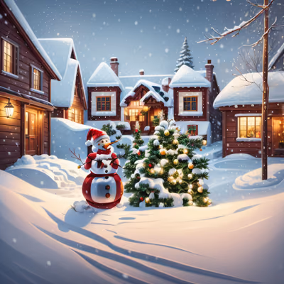 Snowman Christmas Village Painting QR Code for Greeting Cards — image 1