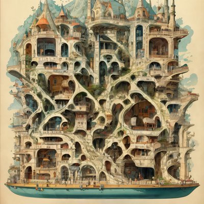 奇幻船上城市插画二维码艺术