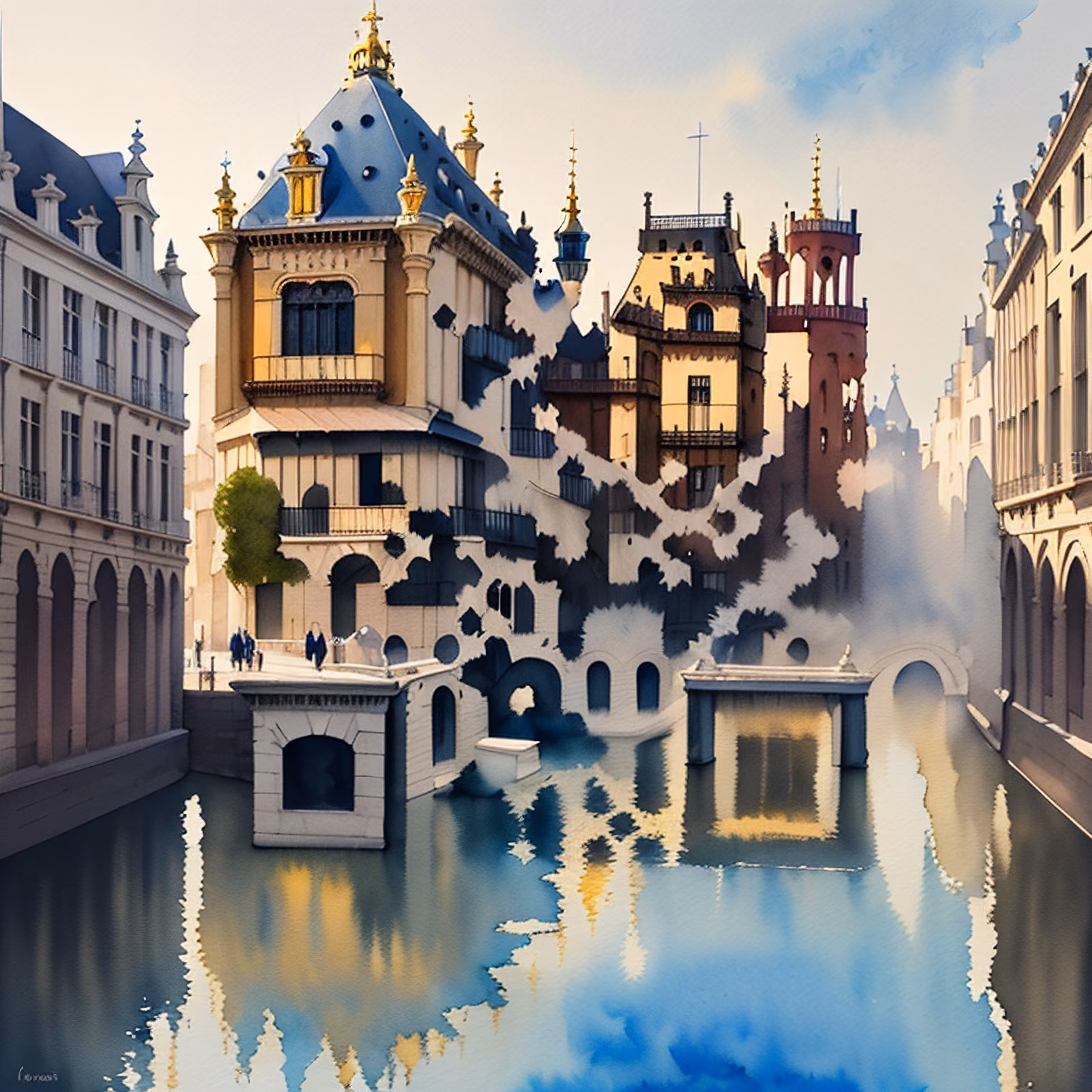 Brussels Canal Cityscape Watercolor QR Code Art — image 1