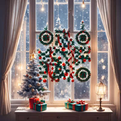 Christmas Window Wreaths Digital Painting QR Code for Greeting Cards — image 1