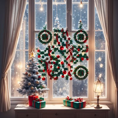 Christmas Window Wreaths Digital Painting QR Code for Greeting Cards