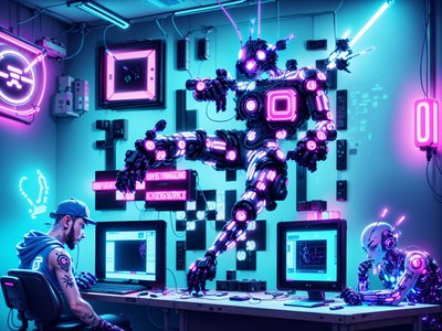 Neon Robot Workshop Cyberpunk QR Code Poster