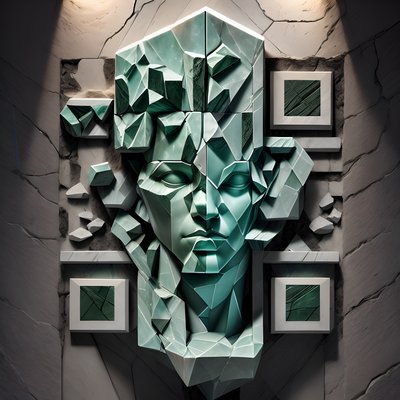 Green Marble Warrior Head Sculpture QR Code Art