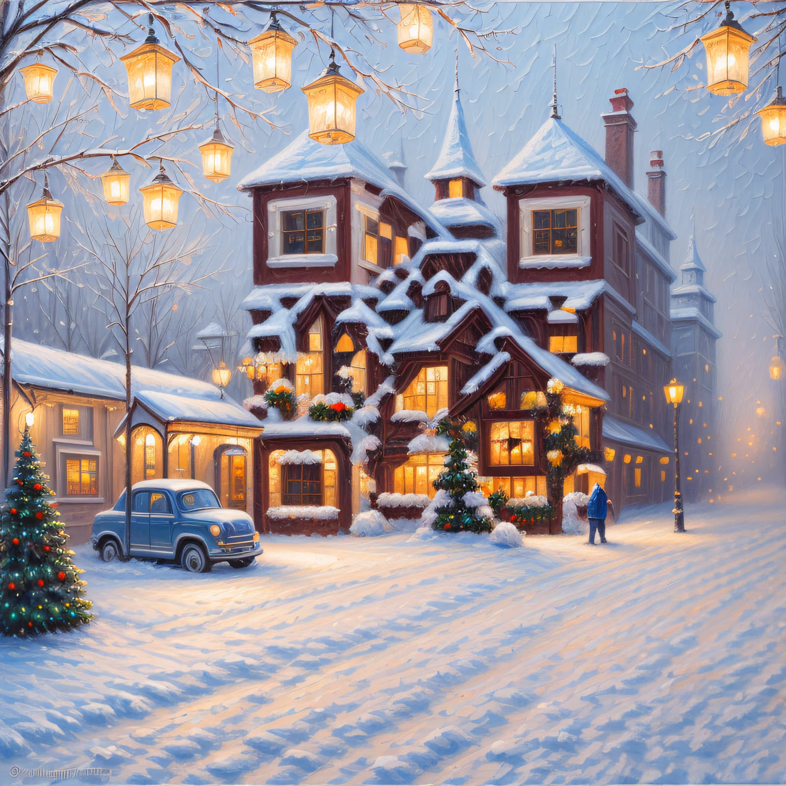 Snowy Christmas Town Painting QR Code for Greeting Cards — image 1