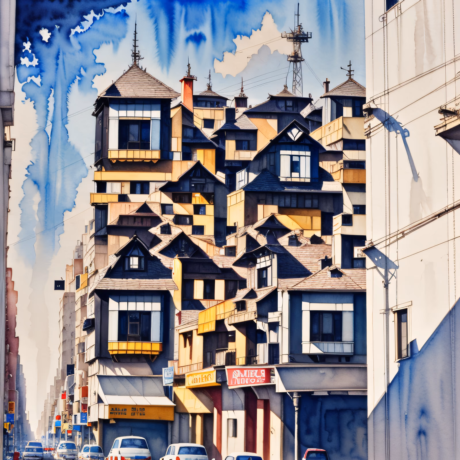 Watercolor City Street Buildings QR Code Art — image 1