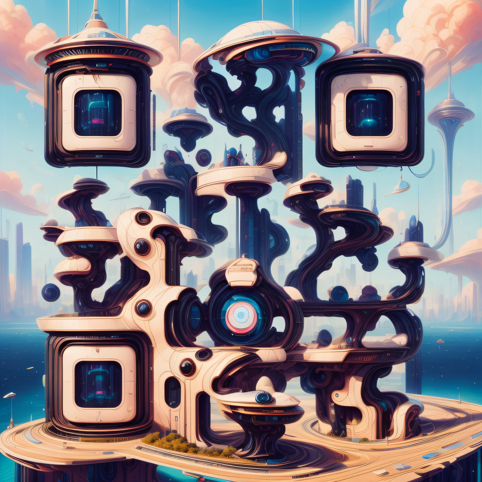 Плавучий ретрофутуристический город: 3D QR-код для постеров — изображение 1