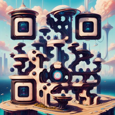 漂浮复古未来主义城市3D二维码设计,适用于海报