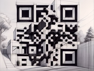 Modernist House Pencil Sketch QR Code Art — image 1