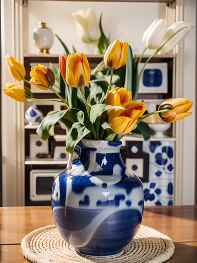 Yellow Tulips Blue Vase Photo QR Code Art