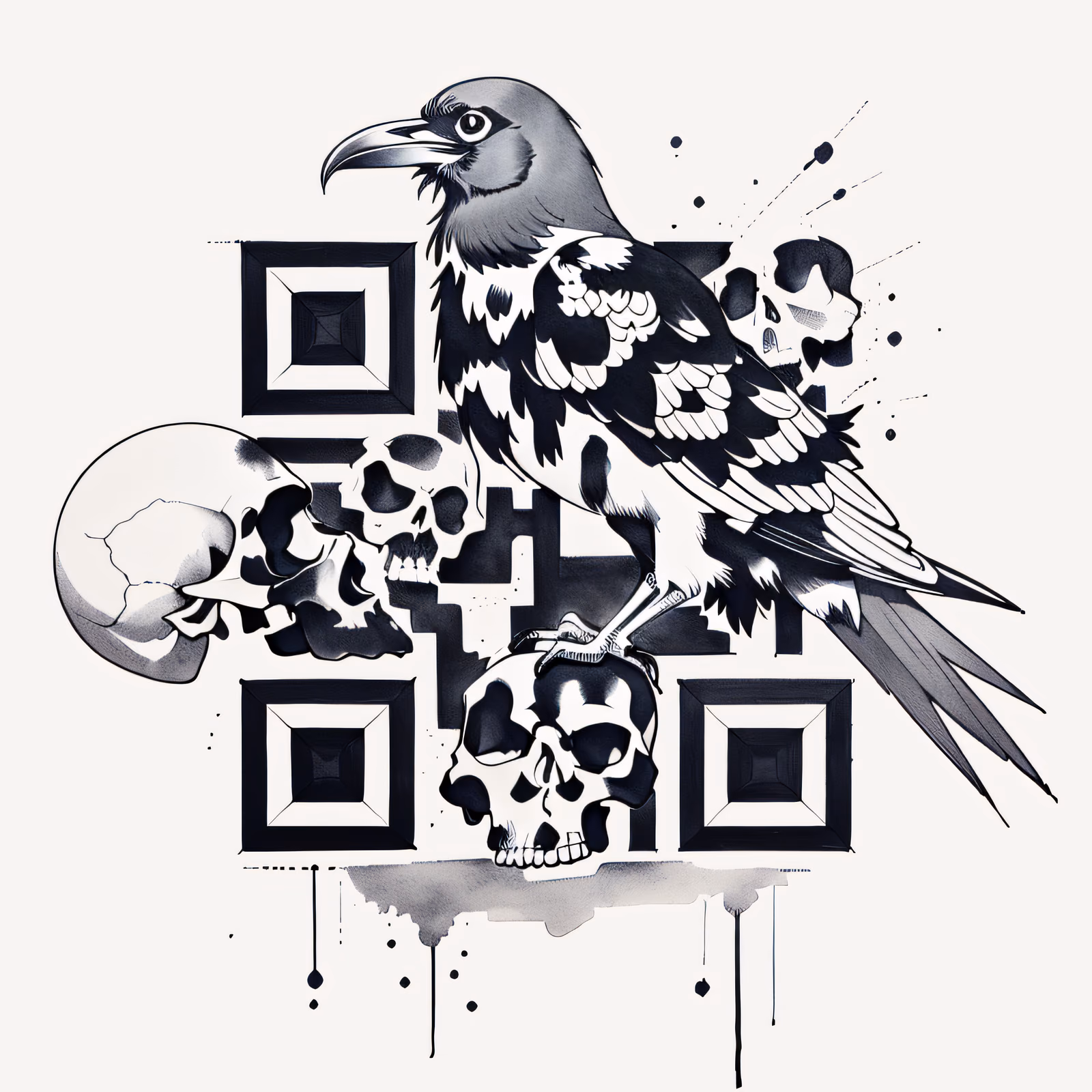 Ворон на черепе в стиле татуировки тушью: QR-код для временных татуировок — изображение 1