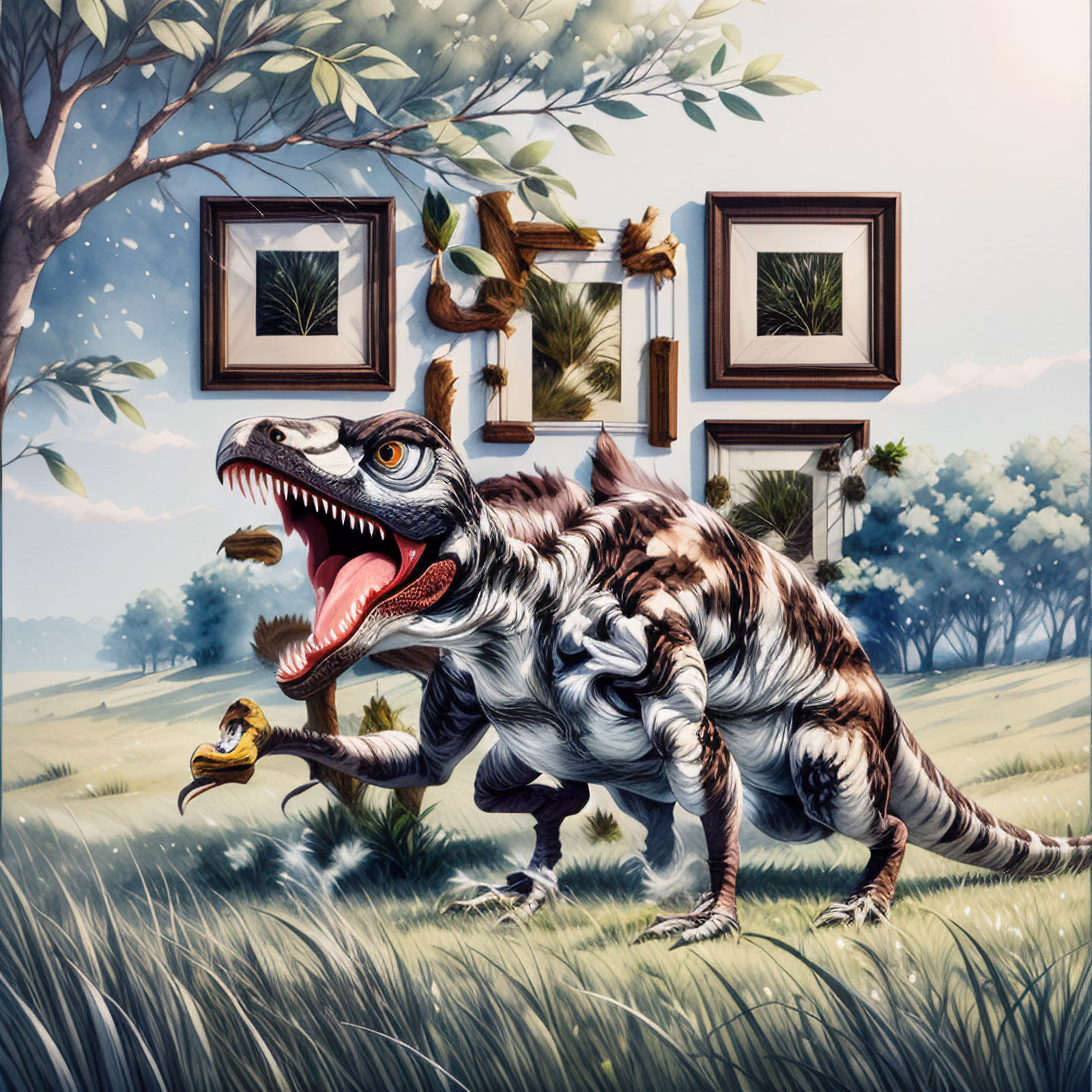 Velociraptor in Meadow Watercolor QR Code Art — image 1