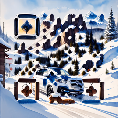 Snowy Mountain Pass SUV Watercolor QR Code Art — image 1