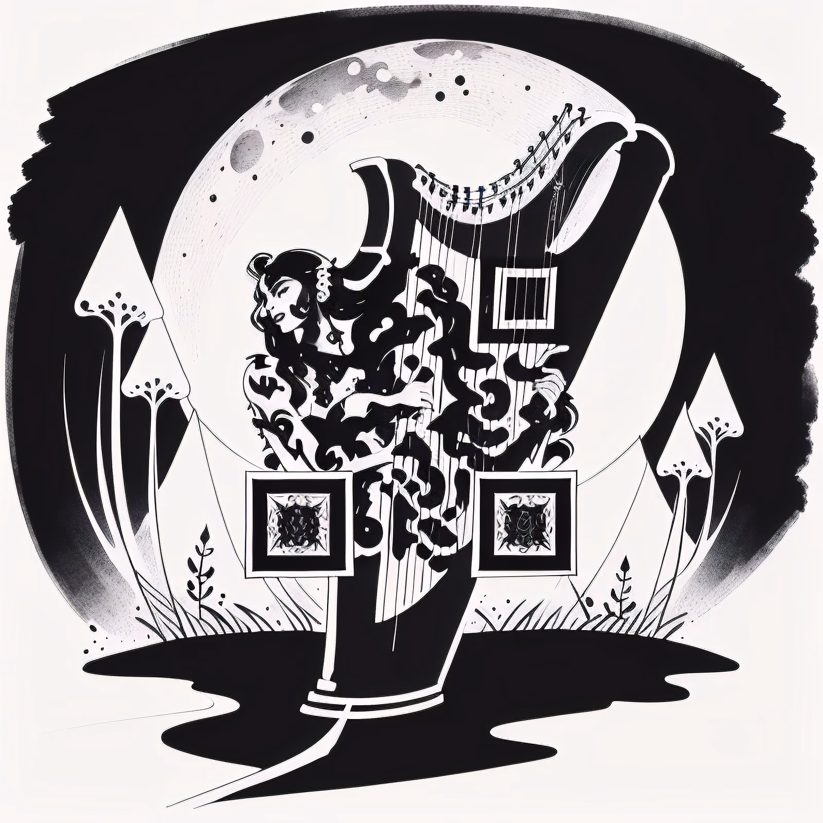 Арфистка при луне: рисунок тушью, QR-код для постеров — изображение 1