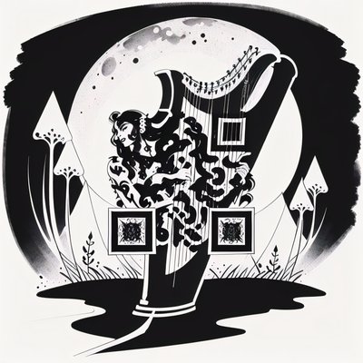 Moonlit Harp Ink Drawing QR Code for Posters