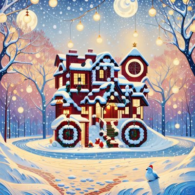 Заснеженный рождественский домик: стилизованный QR-код для открыток