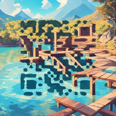 Причал на лагуне и горы, векторный QR-код для постеров