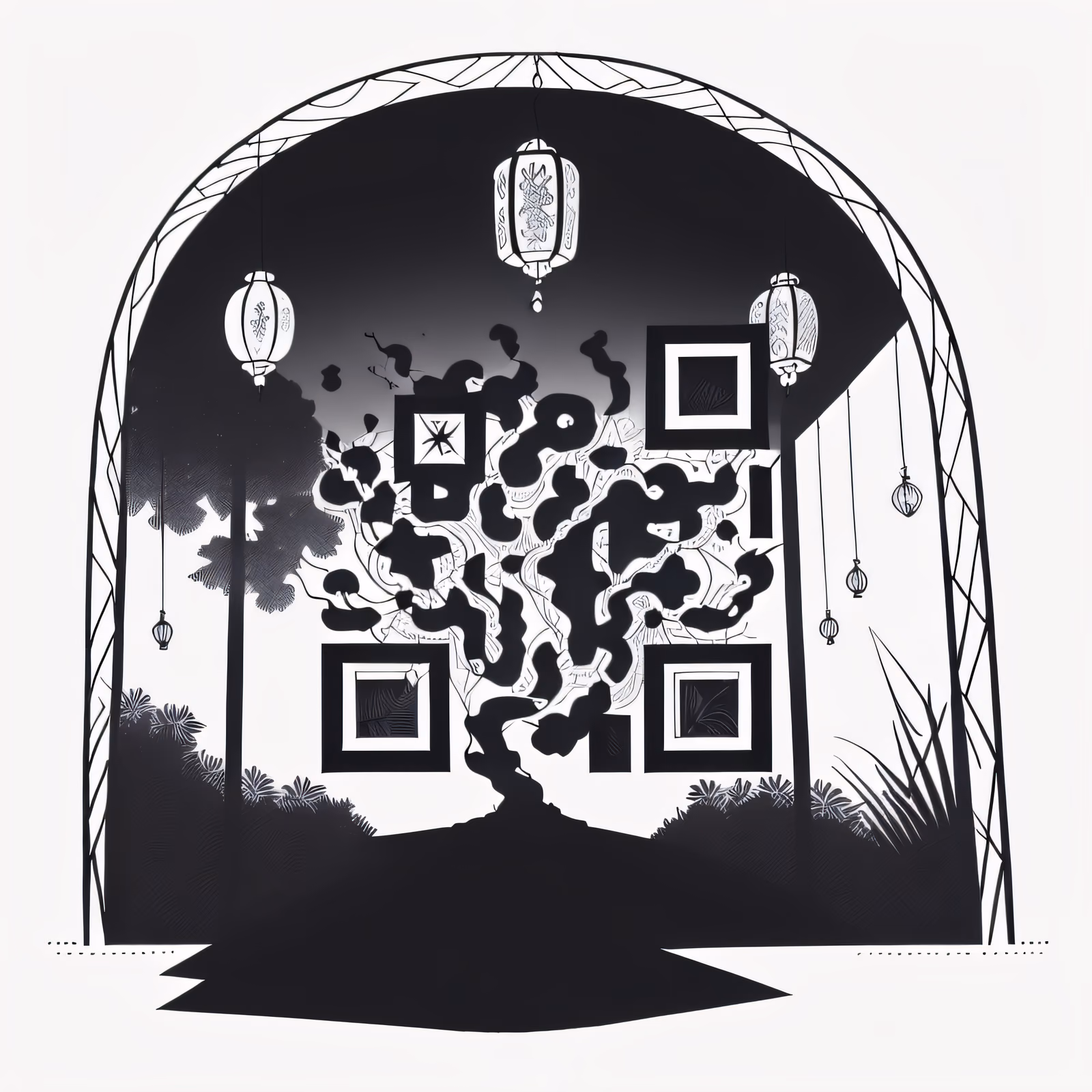 Арка с фонарями в туше: QR-код как рисунок — изображение 1