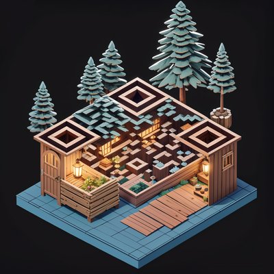 Isometric Mountain Lodge 3D QR Code Art