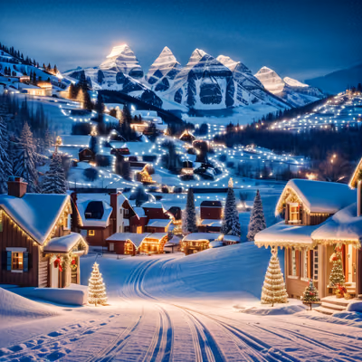 Snowy Christmas Village Night Mountains QR Code for Greeting Cards — image 1