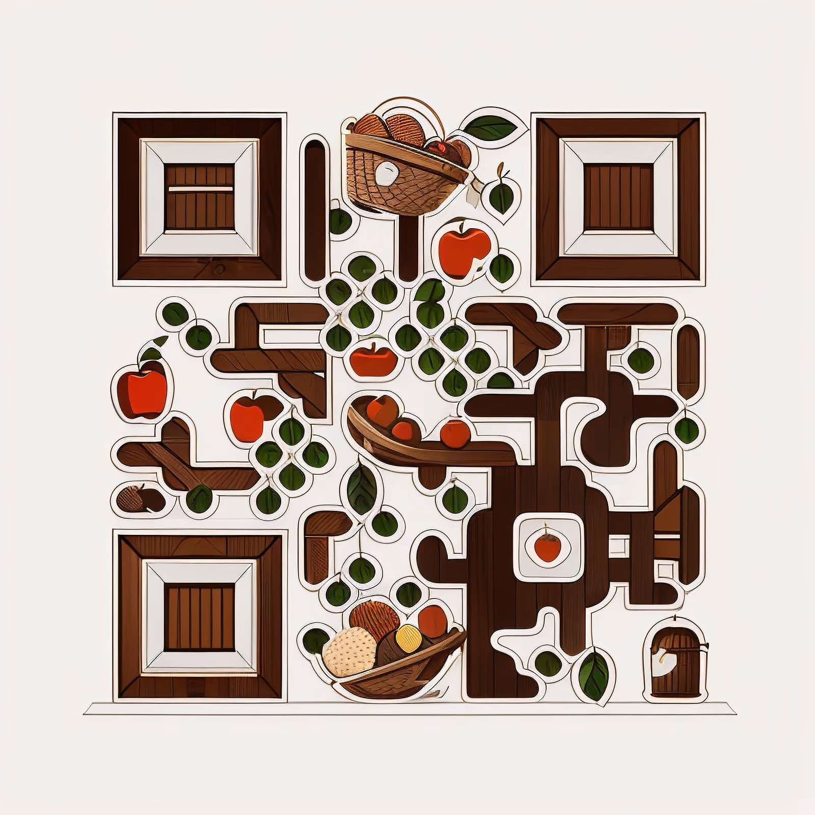 Orchard Apples and Baskets Vector QR Code for Packaging — image 1