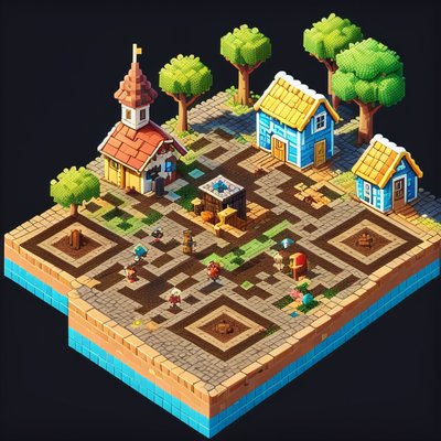 Isometric Pixel Village QR Code for Posters