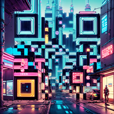 Neon Cyberpunk City Street QR Code Art — image 1
