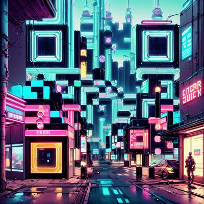 Neon Cyberpunk City Street QR Code Art