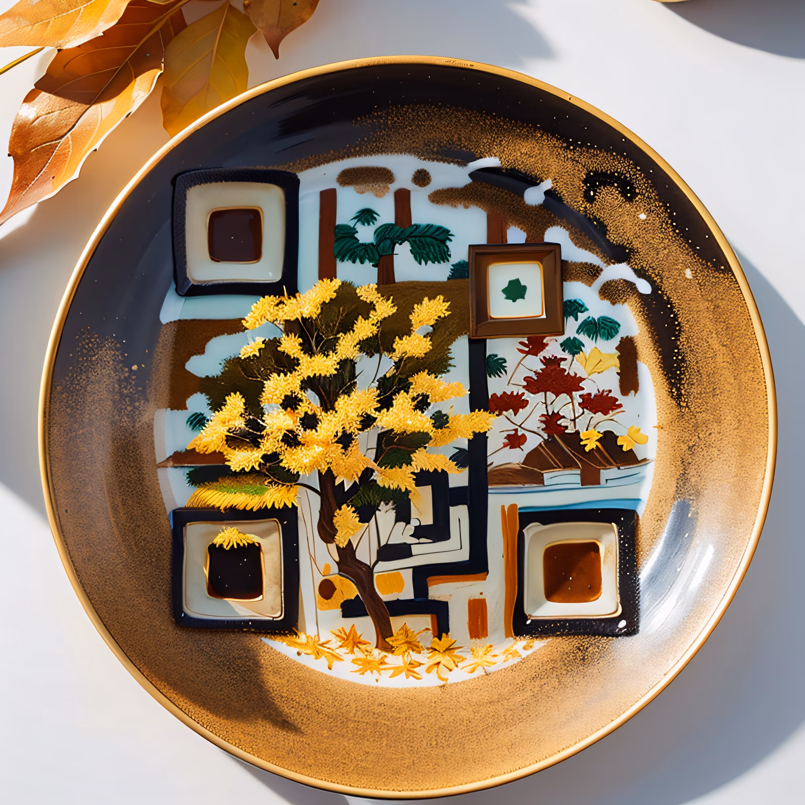 Керамическая тарелка с золотым осенним деревом: QR-код как искусство — изображение 1