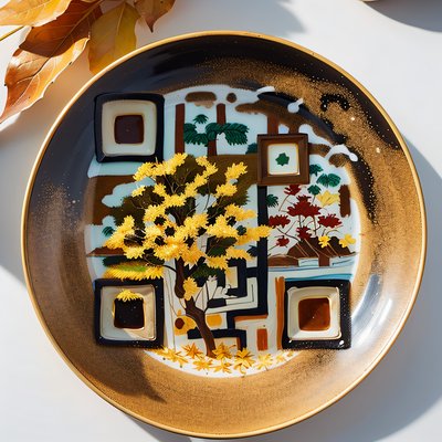 Golden Autumn Tree Ceramic Plate QR Code Art