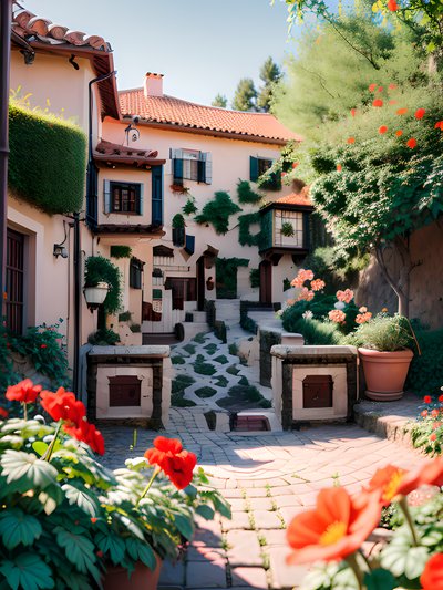 Sunlit Village Courtyard Photographic QR Code Art