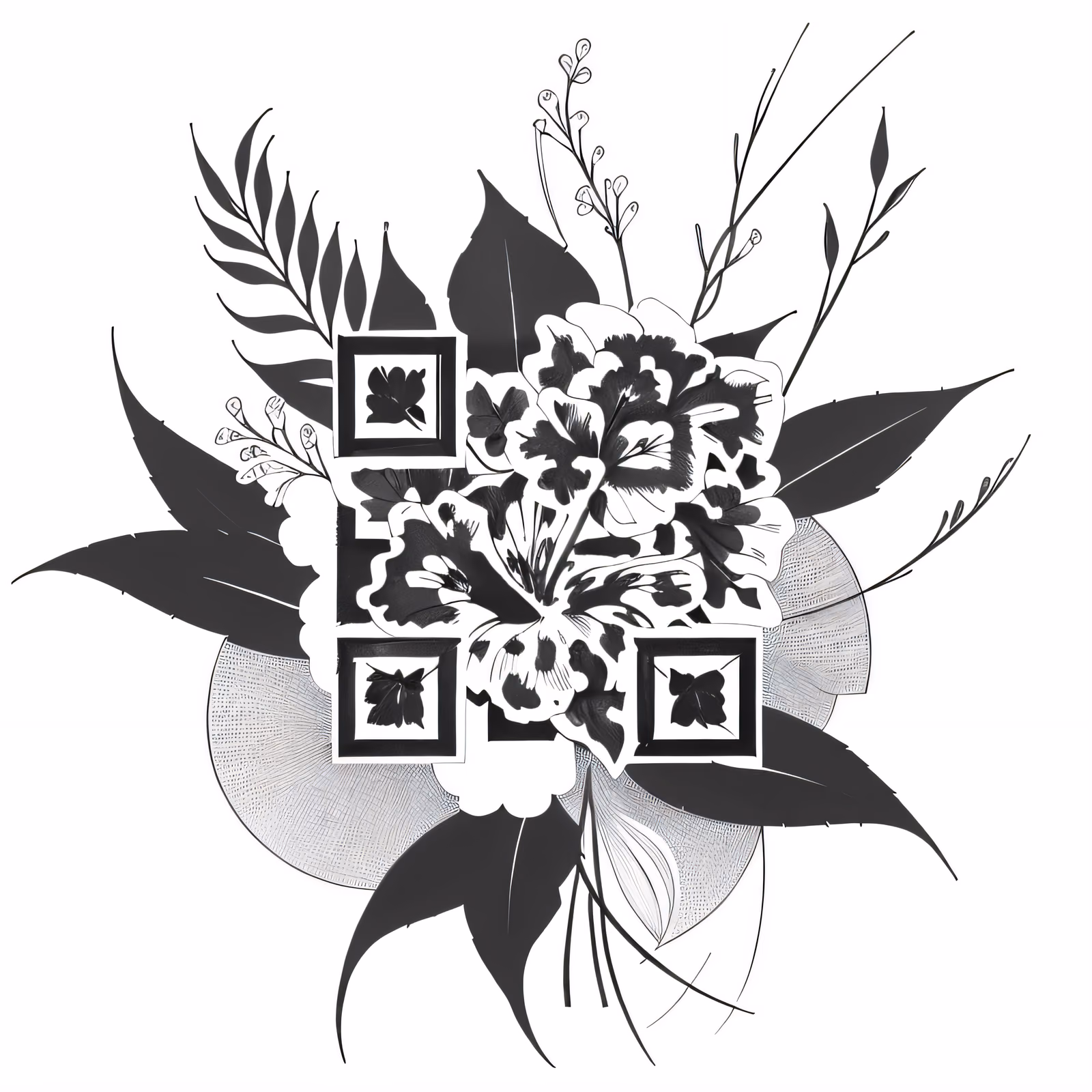 QR-код с гибискусом и пальмовыми листьями в технике туши для временных татуировок — изображение 1