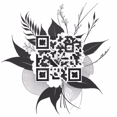 QR-код с гибискусом и пальмовыми листьями в технике туши для временных татуировок — изображение 1